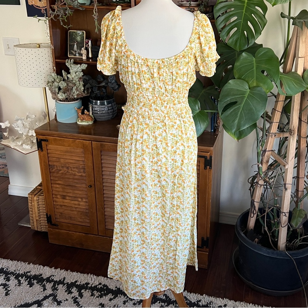 Lush Vintage Floral Yellow Midi Dress M - Picture 7 of 9